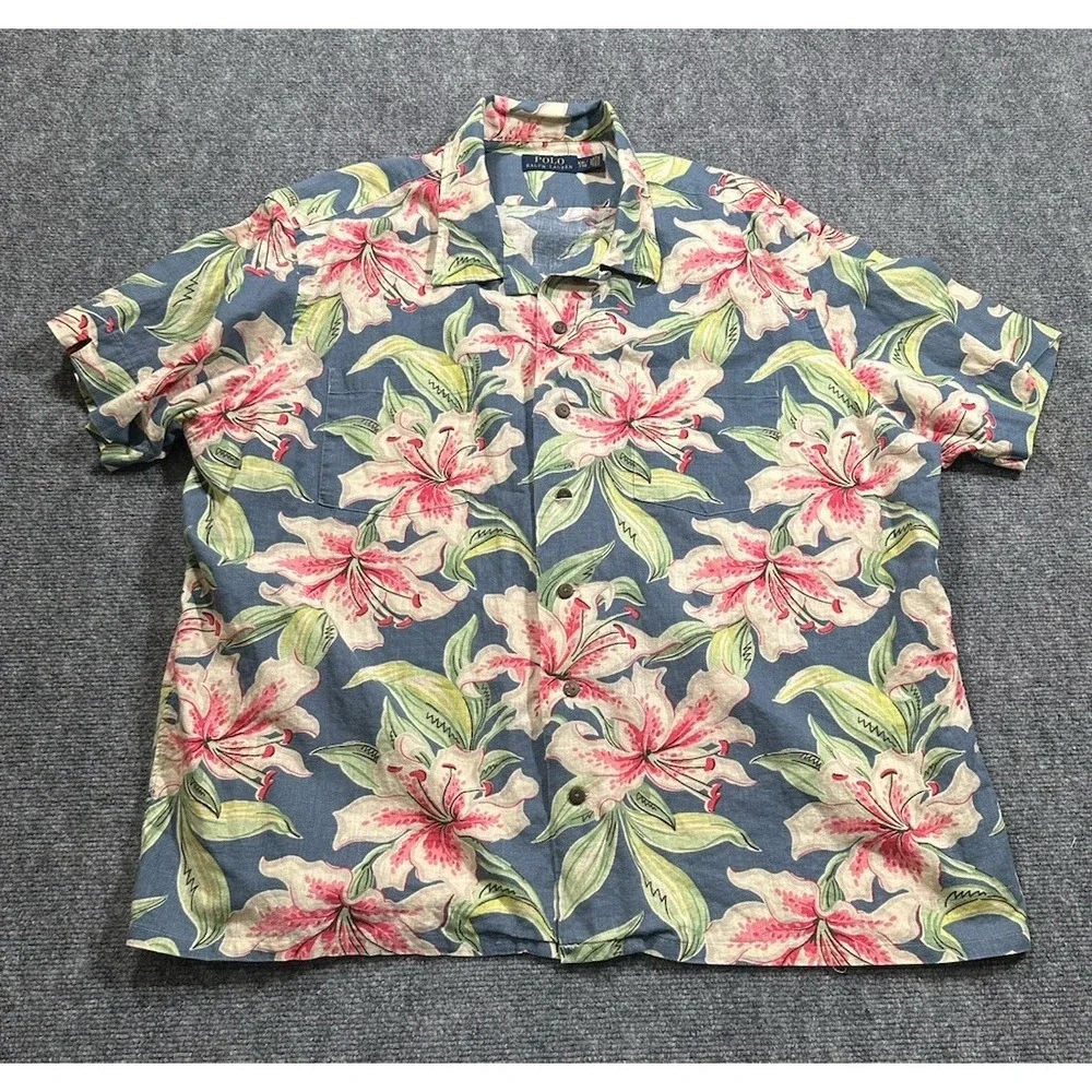 Polo Ralph Lauren Men's 2XL Button Up Camp Shirt Floral AOP Linen Blend Loop